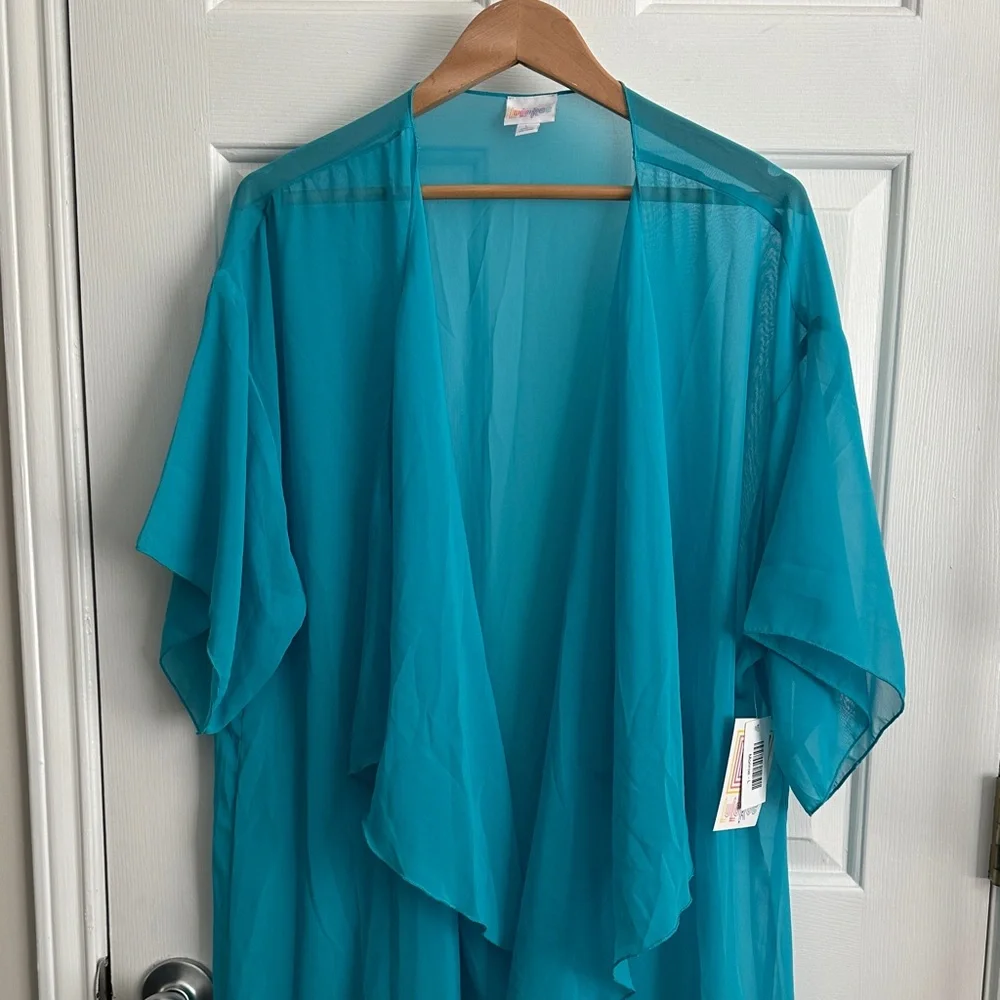 LuLaRoe Teal and Yellow Fringe Kimono - Picture 2 of 7